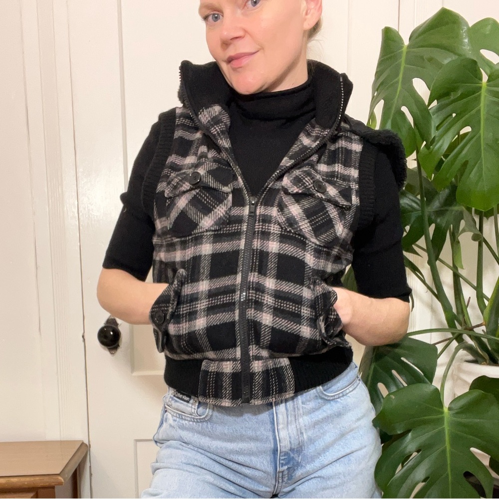 Y2K Wool Plaid Hooded Bomber Vest Jacket Cropped Zip Grunge Streetwear M